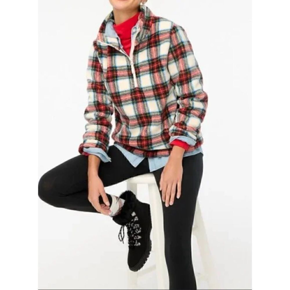 J Crew BL251 NWT Size 2Xl Woman's Tartan Plaid Sherpa Half-Zip Pull-Over Top